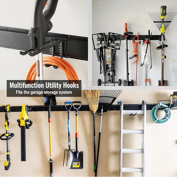 Wall Mount Tool Storage Rack, Heavy Duty Garage Storage Tool Organizer, Garden Tool Wall Hooks and Hangers, Hold Up to 350lbs (Black 6pcs)