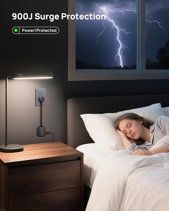 TROND 360° Rotating Flat Plug Outlet Extender with 6 Inch Extension Cord, Small Surge Protector Outlet, 900 Joules, No Blocking 3 Way Plug for Indoor Home Office Travel Dorm Room Tight Spaces, Black