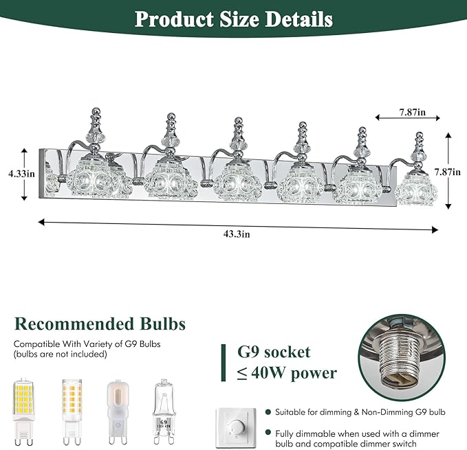 Modern Glass Crystal Vanity Light - Vintage Bathroom Lighting Fixtures Over Mirror, 6 Light Vanity Lights G9 Bulb (43.3 Inch, Chrome)