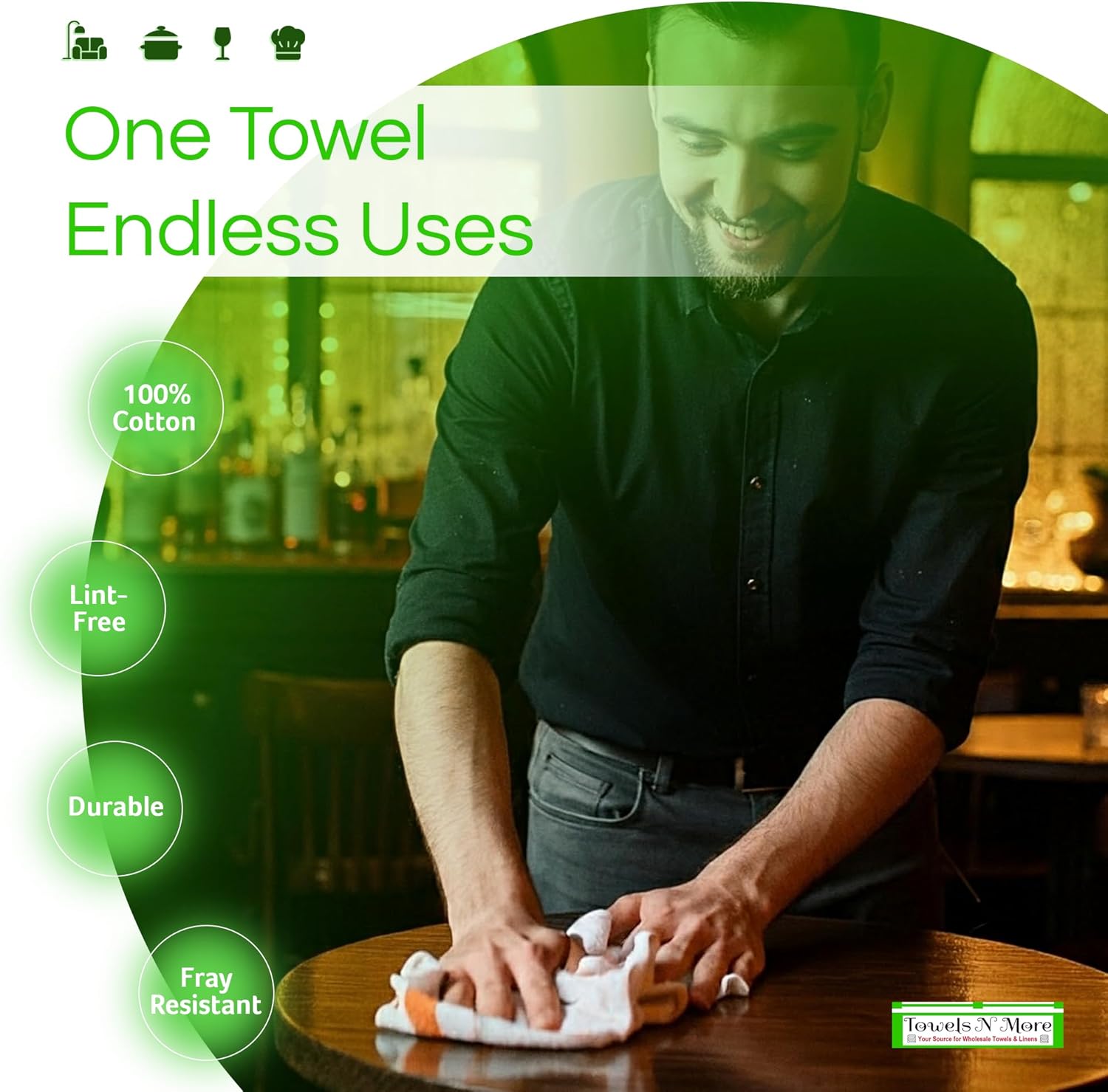 Towels N More 24 Pack 16x19 Bar Mop High Absorbent Cotton Reusable Kitchen Towels- Quick Dry for Chef, Cook, Home, Restaurant, Bar Glass Cleaning (24, Gold Stripe)