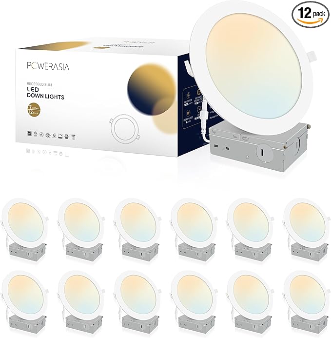 12 Pack Recessed Lighting 7 Inch with Junction Box, 5CCT 7 Inch LED Recessed Lights Dimmable 2700K/3000K/4000K/5000K/6000K, 16W 1300lm Ultra Thin Recessed Lighting - ETL and Energy Star Certified