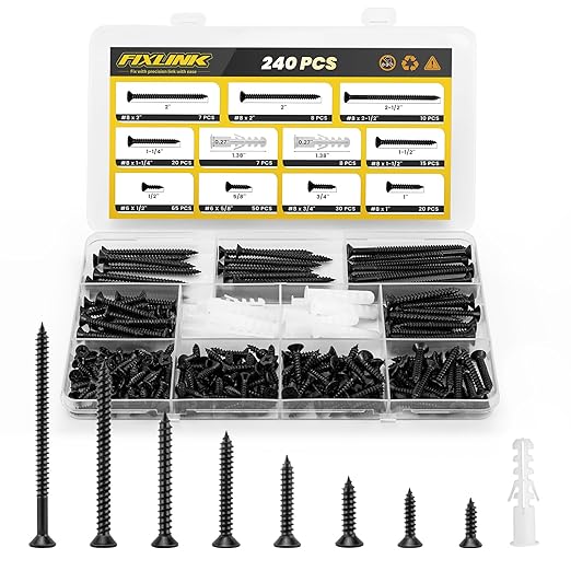 Wood Screws Assortment Kit, FIXLINK 240 PCS High Hardness Flat Head Wood Screws Set, Phillips Drive Assorted Screws, Contain 15PC Anchors and 8 Size (2-1/2”,2”,1-1/2”,1-1/4”,1”,3/4”,5/8”,1/2”), Black
