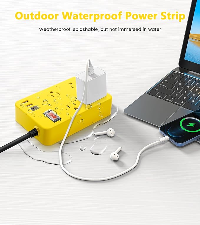 Outdoor Power Strip Weatherproof,Fast Charging Station 20W USB C,Waterproof Surge Protector 4 Outlets, Multi Outlet Extension for Camping, Garden, Kitchen,Bathroom,Flat Plug (Yellow, 6 FT Cable)