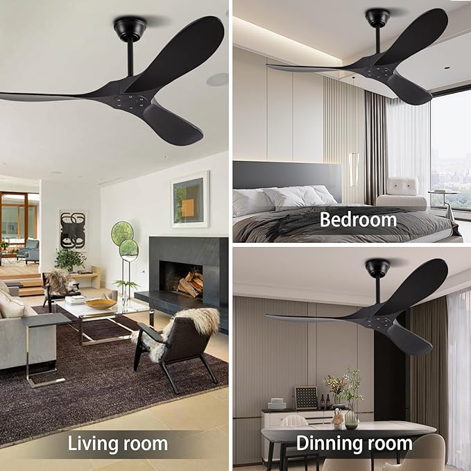 52" Ceiling Fans Without Lights, Solid Wood Ceiling Fan with Remote Control and Quiet DC Motor, Ceiling Fan no Light 3 Blades, Indoor Outdoor Ceiling Fans for Patios, Bedroom- Black