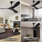 52" Ceiling Fans Without Lights, Solid Wood Ceiling Fan with Remote Control and Quiet DC Motor, Ceiling Fan no Light 3 Blades, Indoor Outdoor Ceiling Fans for Patios, Bedroom- Black