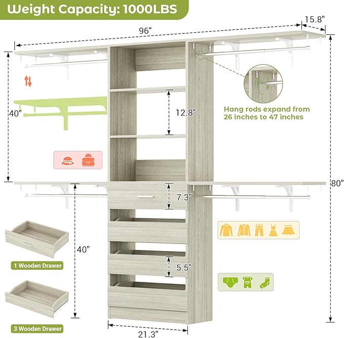 Aheaplus Closet System with 4 Drawers, 8FT Wood Closet Organizer System, 96’’ Closet Built In System Tower with Shelves, Walk-in Closet Wardrobe Clothes Garment Rack, Fits Spaces 4-9 ft, White Oak
