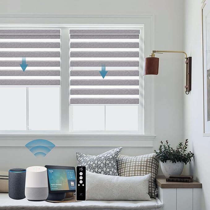 SmartWings Motorized Zebra Shades Work with HomeKit, Alexa, Google Home, 60% Blackout Light Filtering Day Night Sheer Blinds, Privacy Light Control, for Home/Office, Customized, Grey