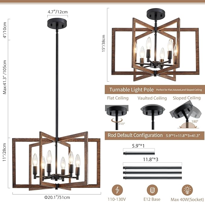 Modern Farmhouse Chandelier, 20'' Black and Wood Grain Dining Room Light Fixture, Geometric Pendant Light for Living Room Kitchen Bedroom Hallway, 6-Light Adjustable Hanging Chandelier Lamp