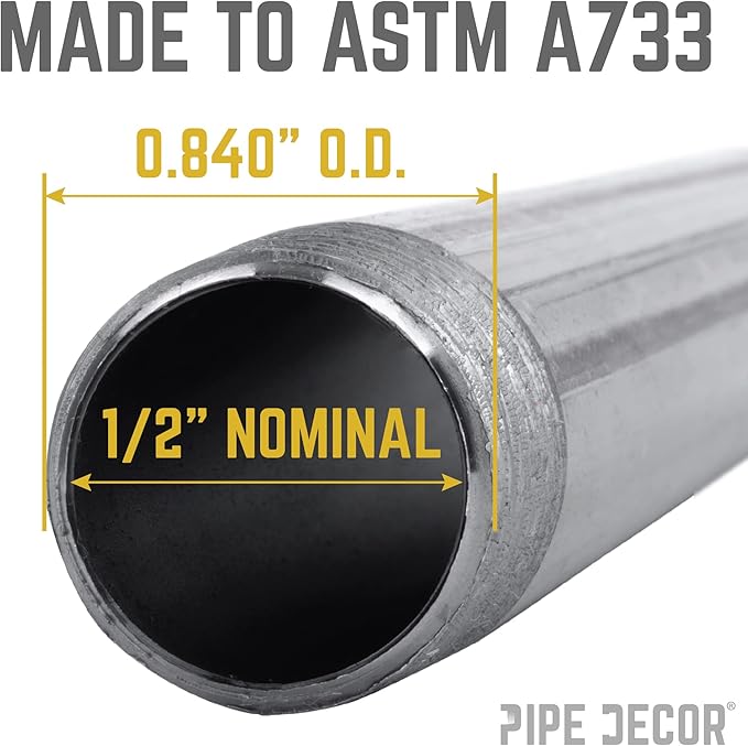 PIPE DÉCOR 1/2” x 7” Malleable Cast Iron Pipe Nipple, Pre-Cut Connectors, Industrial Steel Grey Fits Standard Half Inch Black Threaded Pipes Nipples and Fittings, Build Vintage DIY Furniture, 6 Pack