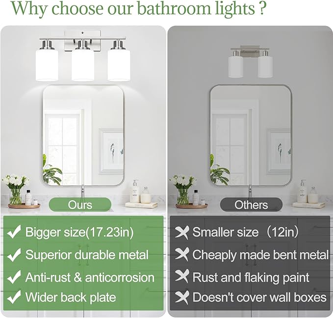 3-Light Bathroom Light Fixtures, Brushed Nickel Vanity Light with Milky White Shades, Bathroom Lighting Fixtures Over Mirror, Modern Bathroom Wall Lamp for Mirror Living Room Cabinet Bedroom