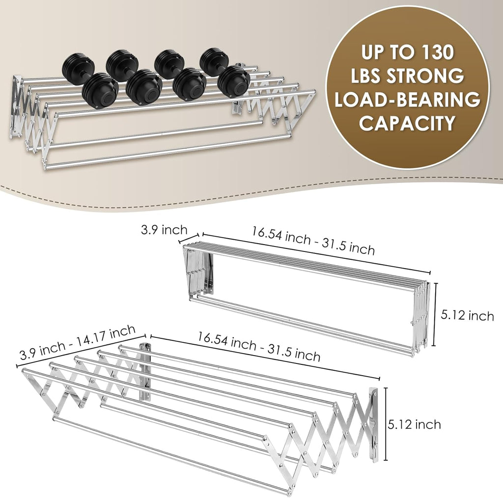 XL-31.5" Wall Mounted Clothes Drying Rack, 130 LBS Large Capacity Rustproof Retractable Clothes Rack, Collapsible Drying Rack Easy to Install with 7 Drying Rods, Space Saving for Laundry-White
