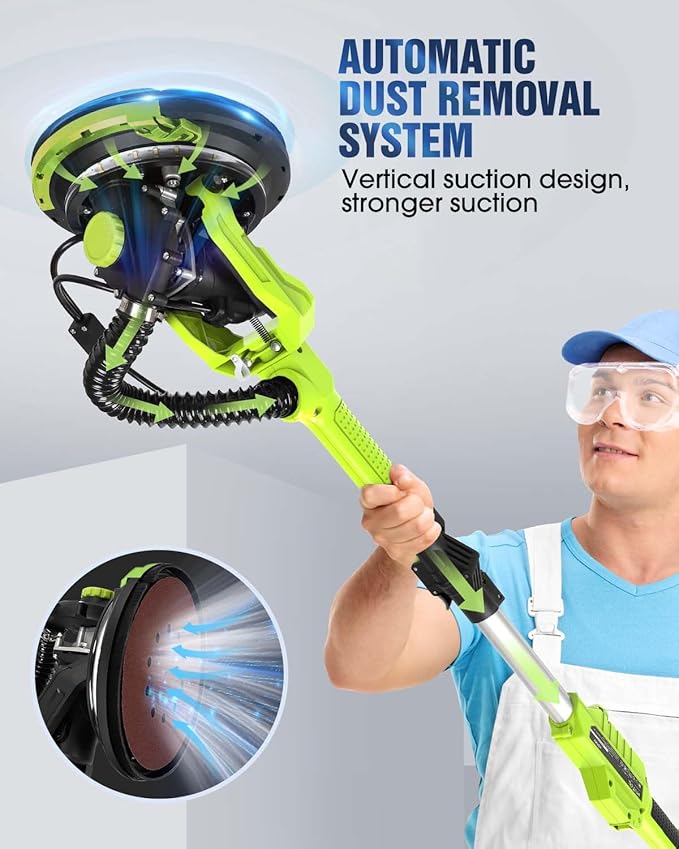 Drywall Sander, 7.2A Electric Drywall Sander with Vacuum Dust Collection, 6 Variable Speed 900-1800RPM, LED Light, Foldable & Extendable Handle, 9 Pcs Sandpaper&3 Pcs Grid Sandpaper, Full Green