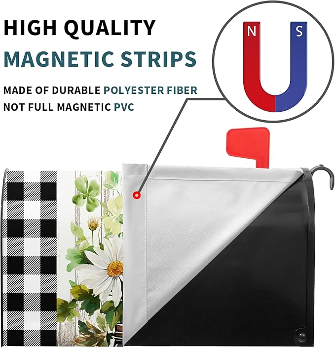 Buffalo Plaid Daisy Magnetic Mailbox Cover - Spring Summer Floral Farmhouse Welcome - Standard Size 25.5 x 21 Inch Waterproof Post Box Wraps for Garden Yard Decor Outdoor
