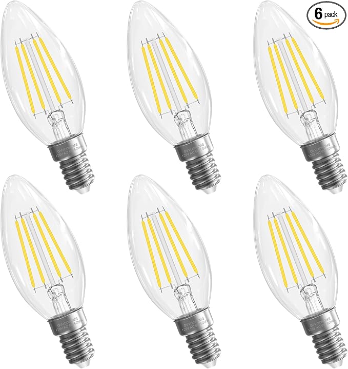 Candelabra Light Bulbs 5000K Daylight, 6W Equivalent to 60 watt, E12 LED Bulb Non-Dimmable, LED Chandelier Bulbs, B10 Candle Bulb, 90+CRI, 600LM, Cear Glass, 6 Pack