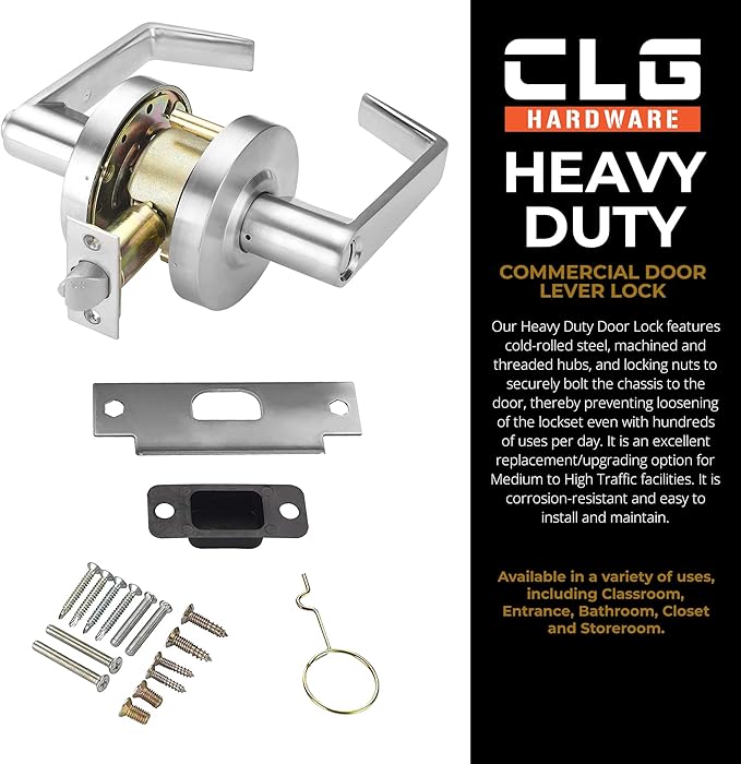 CLG HARDWARE Commercial Lever Door Lock - Heavy-Duty Locking Door Handle, Designer Door Handles, Cylindrical Lever Lock, Non-Handed Grade 2 Industrial Door Handle, 26D Satin Chrome, Privacy/Bathroom