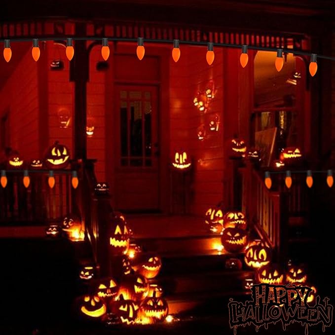 C9 Halloween Orange Replacement Bulbs 25 Pack, C9 Ceramic Orange Incandescent Bulb Christmas Light Bulbs for Halloween String Lights Outdoor Patio Christmas Lighting, E17 Intermediate Base, 7 Watts