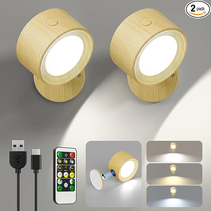 Lightbiz LED Wall Sconces, Wall Mounted Lamp 2 Pcs with Remote Rechargeable Battery Operated, 3 Color Temperatures & Dimmable Wall Lights Magnetic 360° Rotation Light