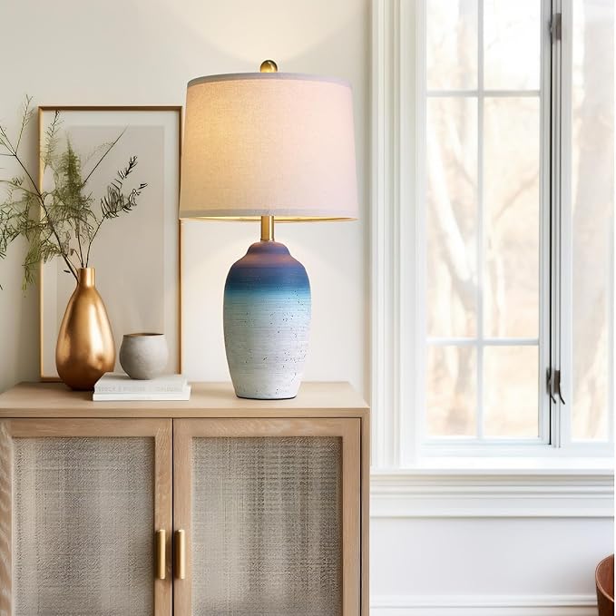 24.5" Vintage Ceramic Table Lamp - Single Farmhouse Rustic Bedside Lamp with Natural Textured Finish, Nightstand Lamps for Living Room, Bedroom, End Table, Office White and Blue