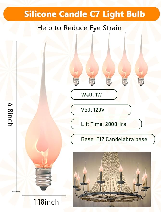 Silicone Dipped Candle Light Bulbs Flicker Flame Replacement Bulbs 1 Watt Country Style Silicone Light Bulbs for Window Candle Lamps Chandeliers, C7/E12 Candelabra Base (12 Pack)