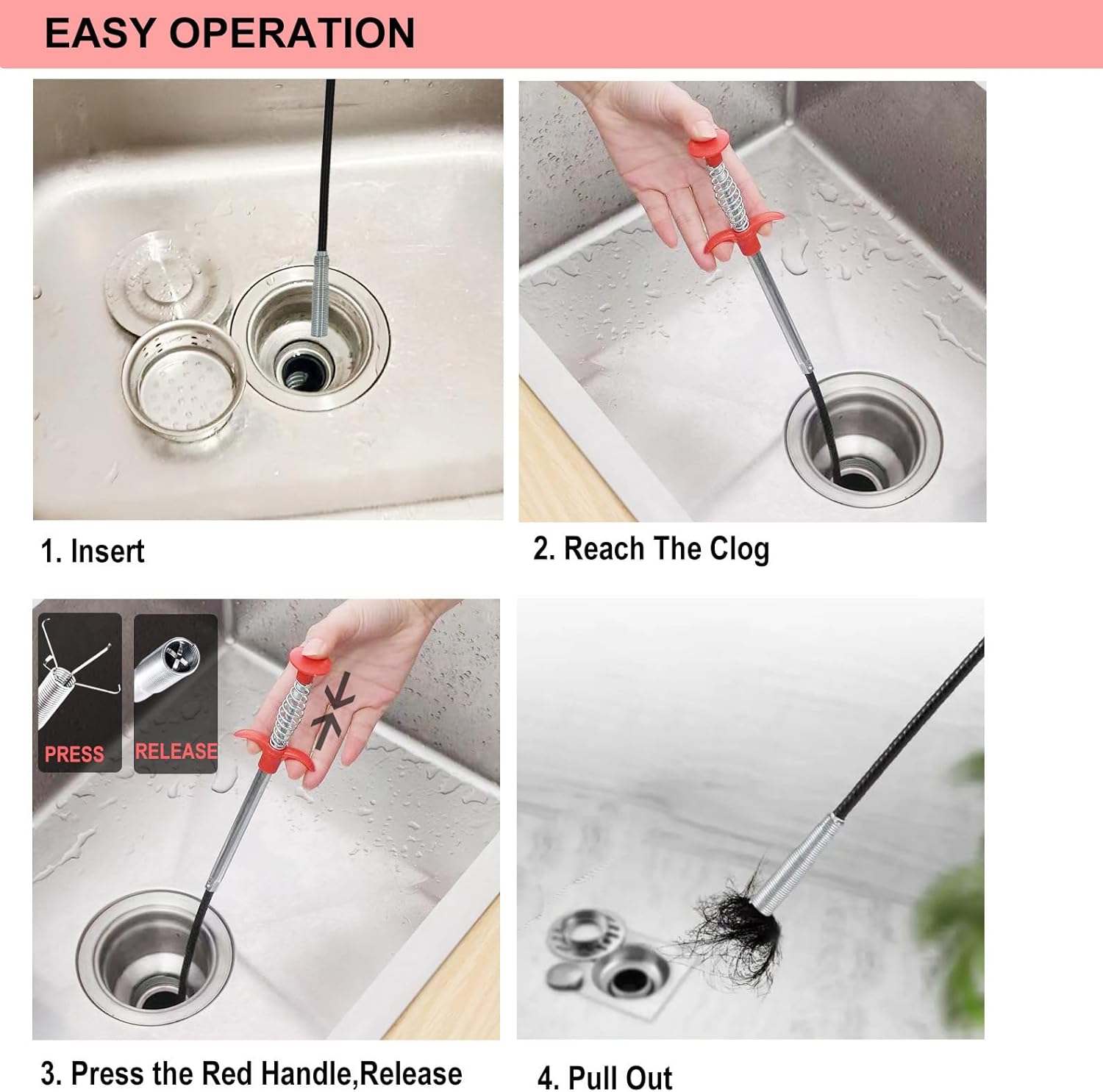 118.1 Inch Drain Clog Remover Grabberable Pick Up Tool 4 Claws-Shower Hair Clog Remover,Drain Snake Grab Trash Hair Clogs from Sink,Downspout Tube Hose Drain Cleaning Litter Pick