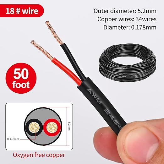 18 Gauge 2 Conductor PVC Cord, Oxygen-Free Copper Cable, 50FT Pure Copper Electrical Wire for LED Lamp Lighting Strips, Automotive
