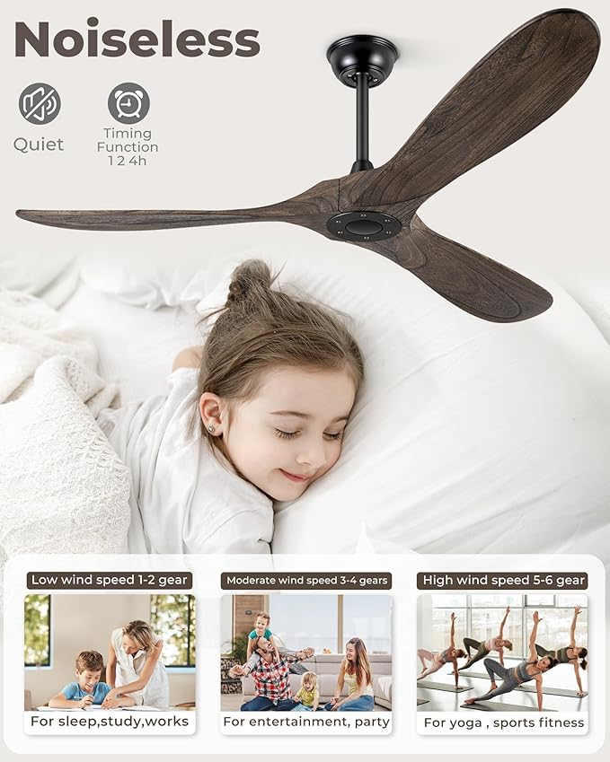 52" Ceiling Fans Without Light, Solid Wood Ceiling Fan with Remote Control and DC Motor, No Light, Modern Ceiling Fan with 3 Blades, Indoor Outdoor for Patios, Bedroom - Deep Brown