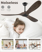 52" Ceiling Fans Without Light, Solid Wood Ceiling Fan with Remote Control and DC Motor, No Light, Modern Ceiling Fan with 3 Blades, Indoor Outdoor for Patios, Bedroom - Deep Brown