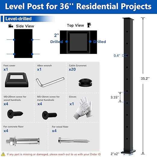 36" T304 Cable Railing Post(Post 35"x2"x2"), Level Drilled Railing Post with Cable Grommets, Fixed Top Mount Cable Handrail Post, Stainless Steel Black Finish Indoor Outdoor Deck Post