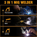 VIGRUE 140A MIG Welder, 110V Flux Core/Stick/Lift MIG 3 in 1 Welding Machine with Large Digital Screen Display & Welding Mask & Gloves