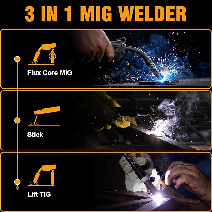 VIGRUE 140A MIG Welder, 110V Flux Core/Stick/Lift MIG 3 in 1 Welding Machine with Large Digital Screen Display & Welding Mask & Gloves