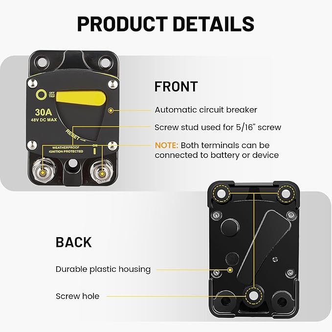 RED WOLF 30A Circuit Breaker DC 12-48V W/Manual Reset Manual Reset for Car Audio RV Marine Boat Truck Trolling Motors Stereo Audio Electronic Battery Solar System