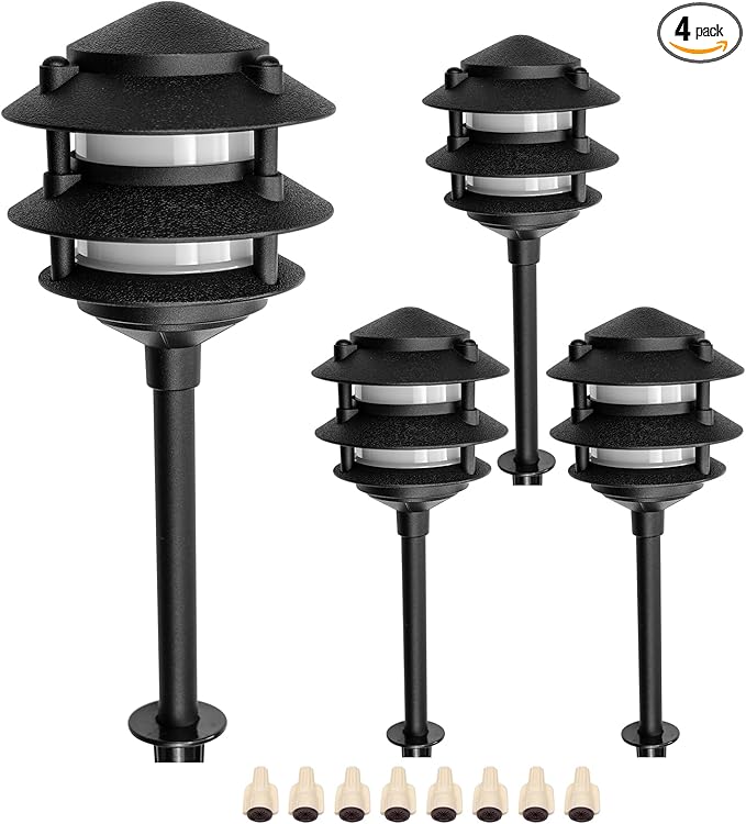 Lumina Lighting® Low Voltage Landscape Lighting Cast-Aluminum Pagoda Path and Area Light Warm White 4W G4 LED Bulb and ABS Ground Stake Included for Yard Walkway Lawn PAL0103-BKLED4 (Black,4-Pack)