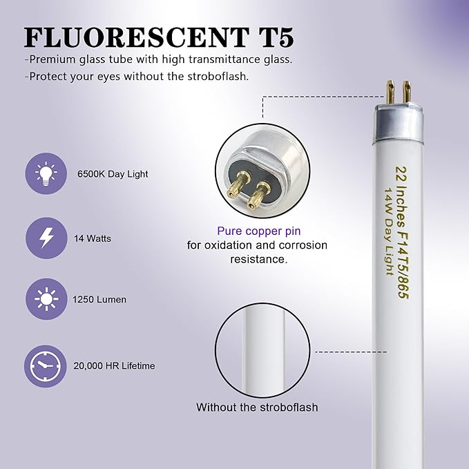 amgolibi T5 14W 6500K Fluorescent Tube, 22 Inches F14T5/865 Straight Fluorescent Bulb, F14T5/DL Fluorescent Lamp for Counter and Cabinet Fixture, Cool White 1350 Lumen G5 Cap