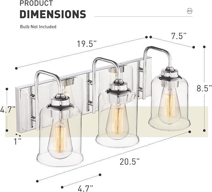 zeyu 3-Light Modern Vanity Lights for Bathroom, 20.5" Industrial Bathroom Lights Over Mirror with Clear Glass Shade, Chrome Finish, ZSL72B-3W CH