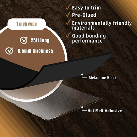 GSCIT Club Black Melamine Edge Banding, 1 inch x 25ft Edge Banding with Hot Melt Adhesive Pre-glued Cabinet Edge Banding Flexible Black Veneer Edging