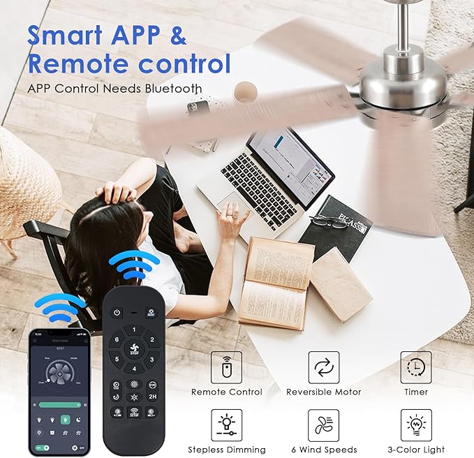 52" Ceiling Fan with Lights and Remote - Low Profile Ceiling Fans with 5 Dual-Sided Blades and Reversible Motor, Indoor/Outdoor Ceiling Fan Lights for Modern Bedroom, Covered Patios, Nickel