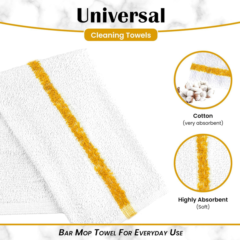Bar Mops Gold Stripe Pack of 60 Kitchen Towels 16x19 Multi-Purpose for Home, Restaurant and Cleaning White Absorbent Washcloth Dishcloths Sets, Reusable Dish, Cloths Rags