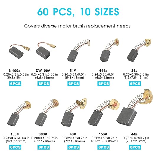 60 Pcs Electric Motor Carbon Brushes Set, 10 Assorted Sizes Graphite & Copper Replacement Parts for Power Tools, Drills, Saws, Grinders, Motors