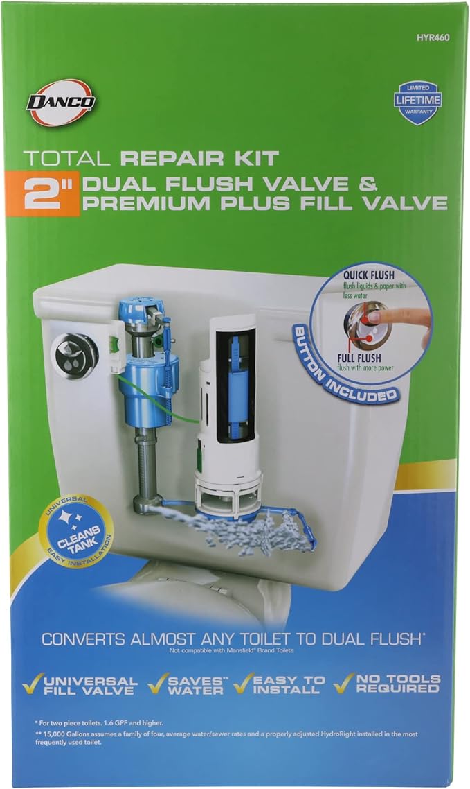 Danco HYR460 HyrdroRight Water-Saving Toilet Tank Repair Kit with Dual Flush Valve, Includes Dual Push Btton Handle in Chrome (Pack of 4)