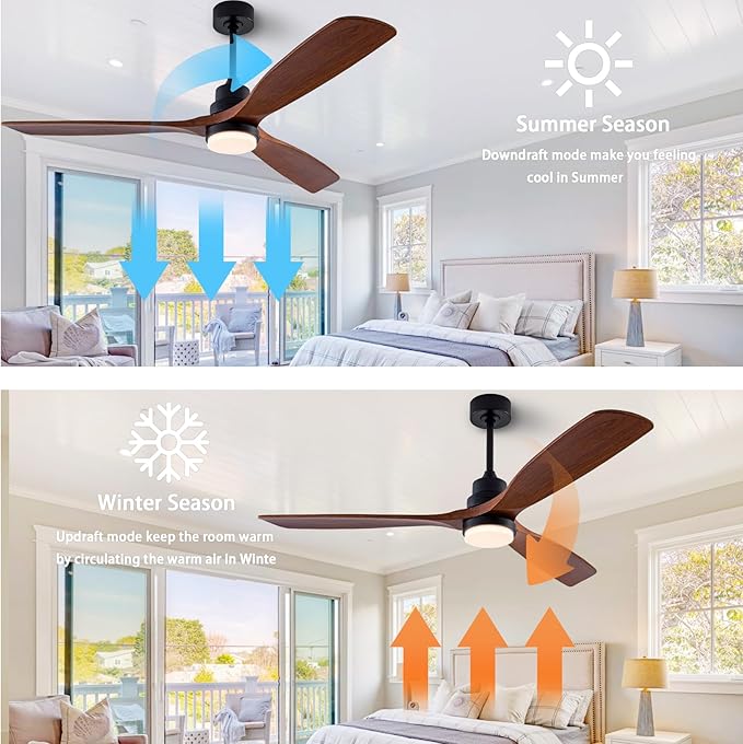 56" Wood Ceiling Fan with Light and Remote Control, Indoor Outdoor Wooden 3 Blades Ceiling Fan for Patio Living Room, Bedroom, Office,Reversible DC Motor(Black+Dark Walnut)
