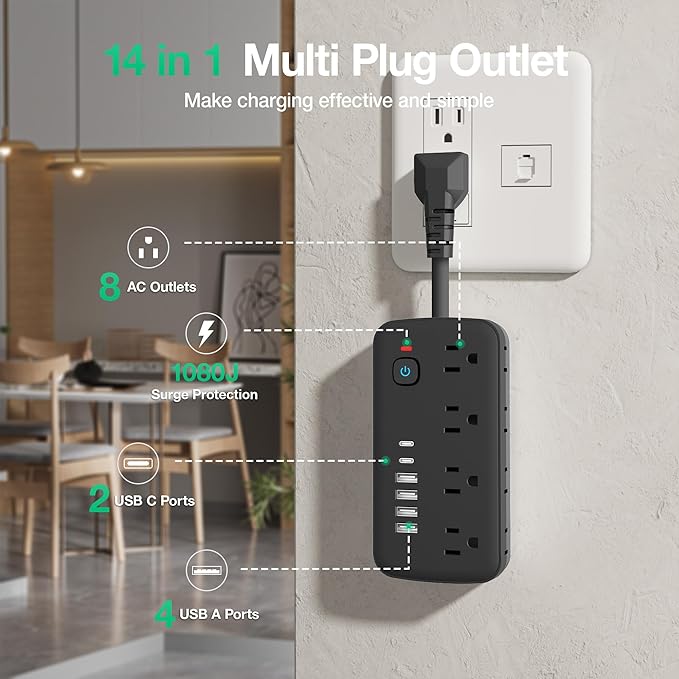 Surge Protector Power Strip - 8 AC Outlets & 6 USB Ports (4A/2C), 1080J Extension Cord with Multiple Outlets, 2-Sided Outlet Extender, Short Cord (0.2FT), Wall Mount for Dorm Room