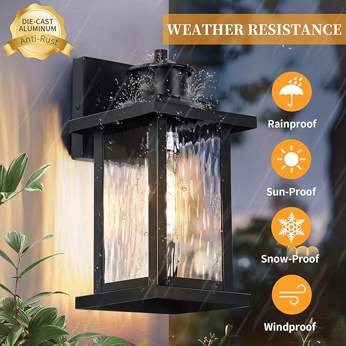 12'' Outdoor Light Fixture 2 Packs, Outdoor Wall Lights Exterior Wall Sconce with Water Ripple Glass, Waterproof Porch Light Lantern Wall Mounted, Modern Black Outside Lights for House Patio Garage