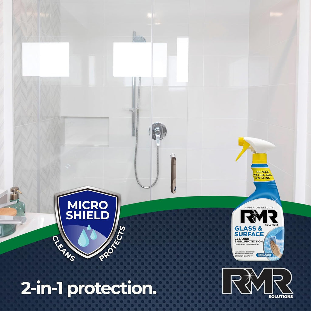 RMR Shower Spray, 2-in-1 Glass and Surface Cleaner Plus Repellent, Streak-Free Multi-Surface Treatment for Window, Car, and More, 30-Fluid Ounce Spray Bottle