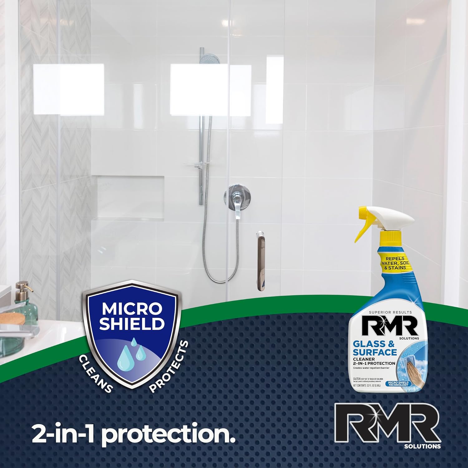 RMR Shower Spray, 2-in-1 Glass and Surface Cleaner Plus Repellent, Streak-Free Multi-Surface Treatment for Window, Car, and More, 30-Fluid Ounce Spray Bottle