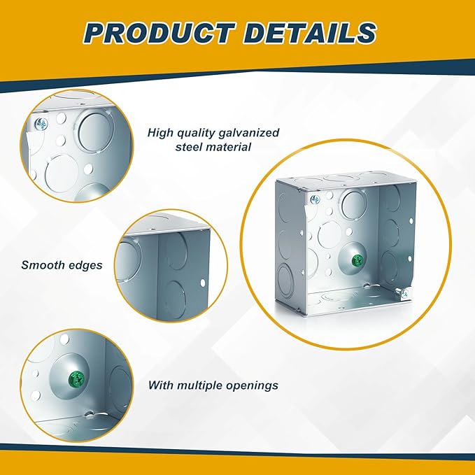 2 Pcs 4 x 4 Inch Metal Electrical Junction Box 2-1/8'' Deep Square Electrical Box Silver Galvanized Steel Drawn Construction