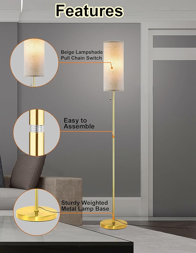 Modern Floor Lamp for Living Room, Gold Standing Lamps with 3 Color Temperatures Bulb, Minimalist Tall Lamp with Chain Switch for Bedroom, LED Bulb Included(Beige Shade+Gold)