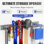 Garage Tool Organizer Wall Mount 48 inches with 10 Adjustable Heavy-Duty Hooks, Garage Organization, Garden Tool Storage Rack, Yard, and Shed, Holds Up to 400 lbs (Grey)