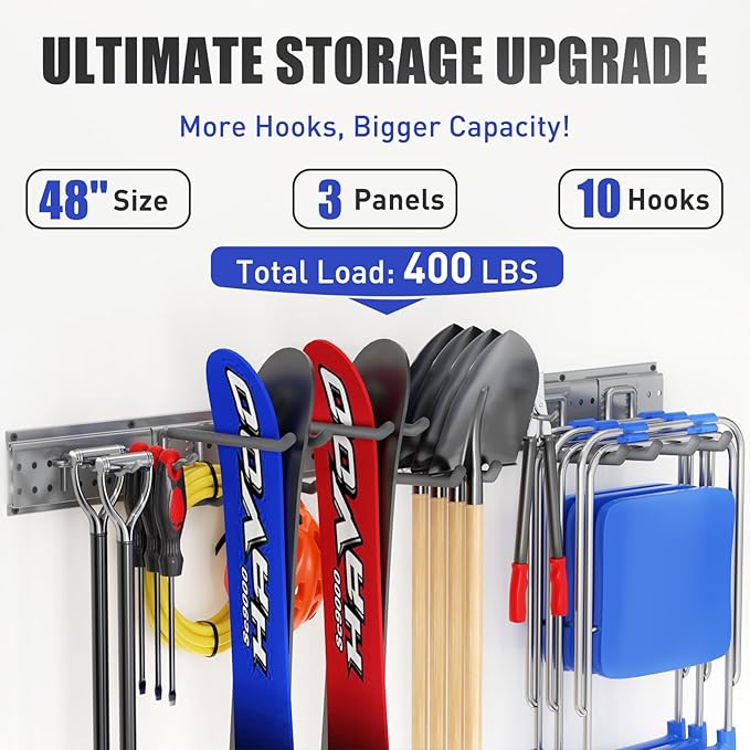 Garage Tool Organizer Wall Mount 48 inches with 10 Adjustable Heavy-Duty Hooks, Garage Organization, Garden Tool Storage Rack, Yard, and Shed, Holds Up to 400 lbs (Grey)
