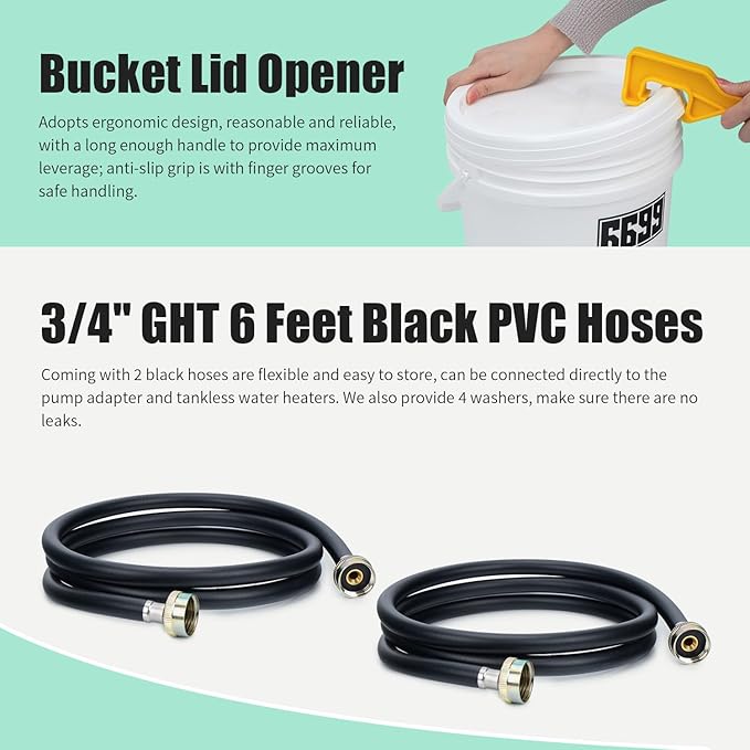 Tankless Water Heater Descaling Flush Kit Includes Submersible Utility Pump with Adapters 3 Gallons Pail with Bucket Lid Opener and Two 3/4" GHT X 6FT PVC Black Hoses Easy Installation to Clean