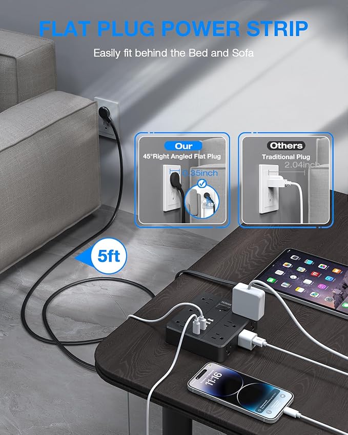 Surge Protector Power Strip 15 Ft Cord, HUNIAN Flat Plug Extension Cord with 12 Widely Spaced Outlets 6 USB Charger (2 USB C Ports), Desk Charging Station for Home Office Supplies, Dorm Room, Black